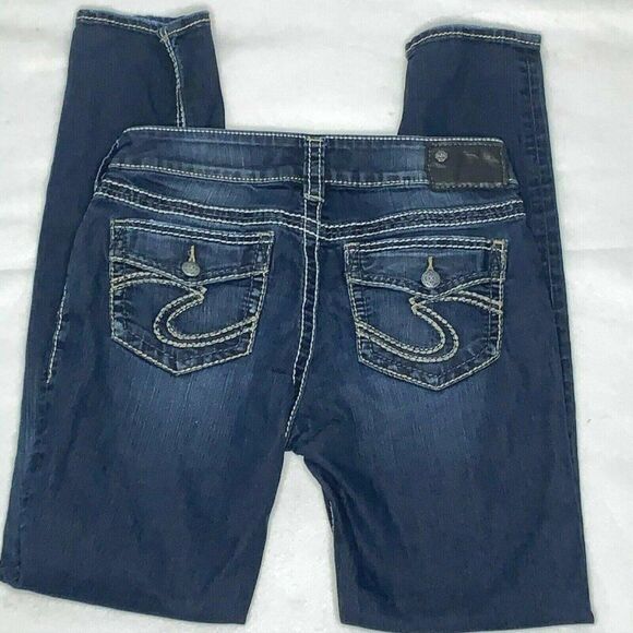 Silver Jeans Suki Skinny 28 Dark Wash Mid Rise Curvy 5 Pocket Embroidery Stitch - Picture 2 of 6